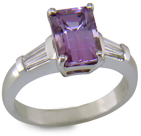Lavender Sapphire set with tapered baguette diamonds in a handcrafted platinum ring. (J8527)