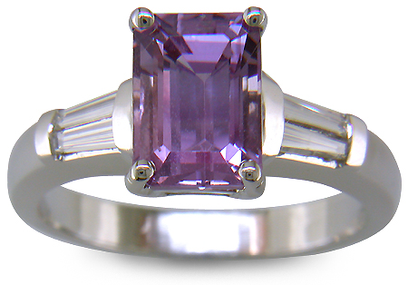Lavender Sapphire set with tapered baguette diamonds in a handcrafted platinum ring. (J8527)