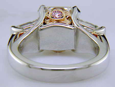 Inside view of handcrafted platinum ring with Asscher cut diamond.
