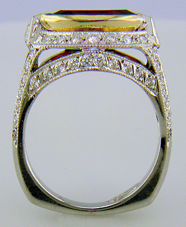 Side view of rubellite tourmaline and diamond custom platinum ring.