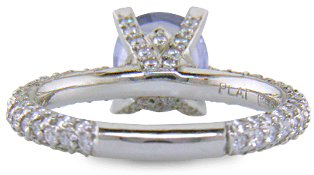Inside view of Sapphire and pave diamond platinum ring. (J8426)