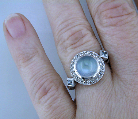 Moonstone and Rose-cut Diamond ring custom crafted in platinum. (J8519)