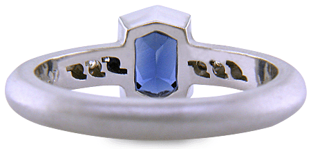 Inside view of Morph-cut Sapphire with round diamonds custom platinum ring. (J8543)