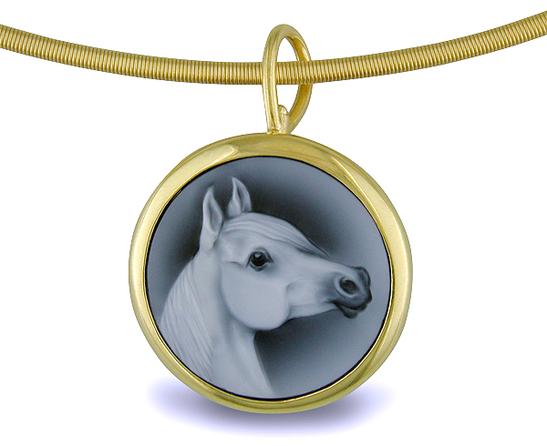 Custom carved onyx cameo horse in hand crafted 18kt yellow gold pin/pendant (J3763) 