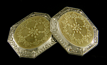 Elegantly engraved 14kt white and yellow gold cufflinks. (J9068)