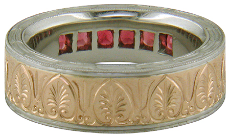 Inside view of hand-engraved  band with Red Spinels. (J7245)