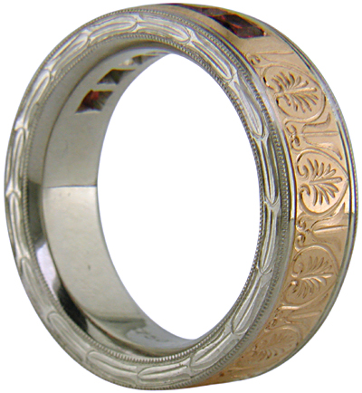 Hand-engraved platinum and rose gold band with Red Spinels. (J7245)