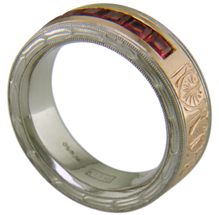 Hand-engraved platinum and rose gold band with Red Spinels. (J7245)