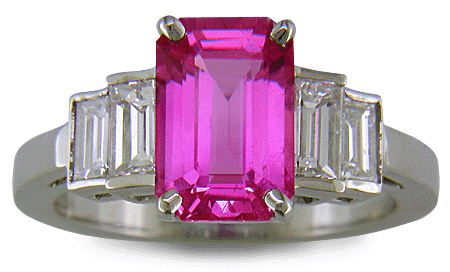 Pink sapphire and diamond handcrafted platinum ring. (J7257)