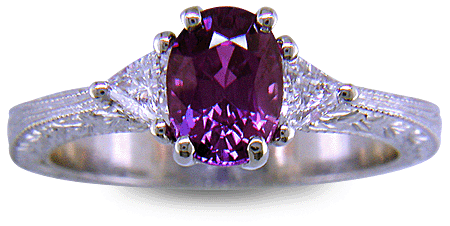 Plum Sapphire and trilliant diamond hand-engraved platinum ring. (J8424)