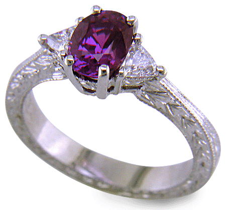 Plum Sapphire and trilliant diamond hand-engraved platinum ring. (J8424)