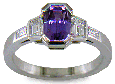 Purple sapphire and diamond handcrafted platinum ring. (J7264)