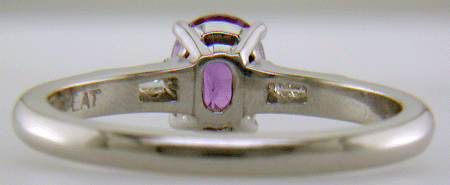 Inside view of oval Purple Sapphire platinum ring.