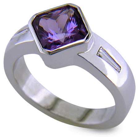 Purple sapphire and diamond handcrafted platinum ring.