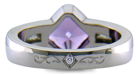 Inside view of Purple sapphire and diamond handcrafted platinum ring.