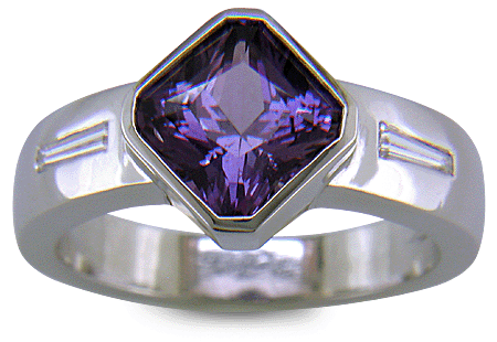 Purple sapphire and diamond hand-crafted platinum ring.
