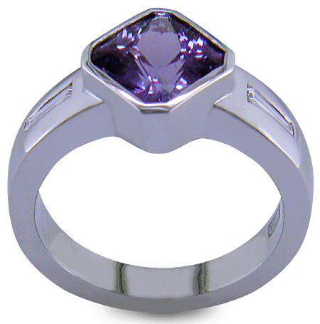 Side view of Purple Sapphire and diamond handcrafted platinum ring.