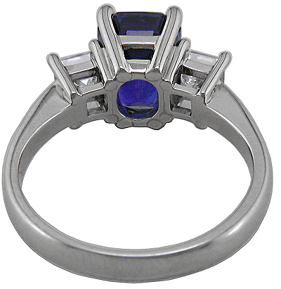 Inside view of sapphire and diamond ring crafted in platinum.