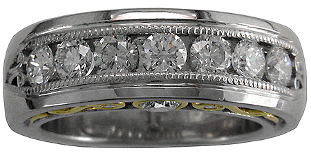 Front view of platinum, 18kt gold and diamond custom wedding band.