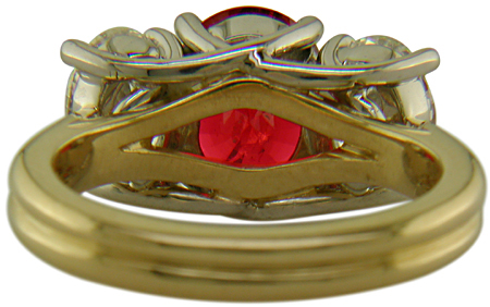 Inside view of Red Spinel trellis ring set with diamonds.