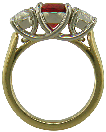 Side view of Red Spinel trellis ring set with diamonds.