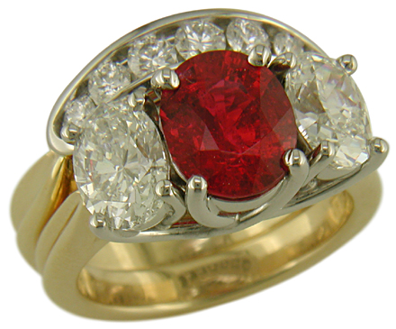 Red Spinel trellis ring with contoured diamond band.