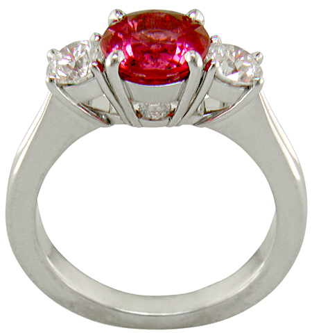 Side view of platinum ring with red spinel and diamonds. (J7240)