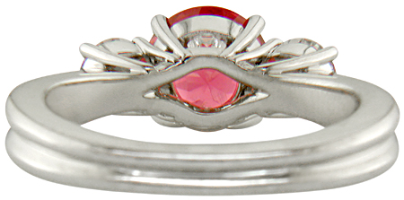Inside view of platinum ring with red spinel and diamonds. (J7240)