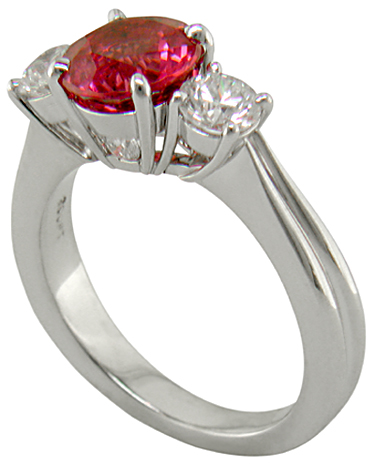 A Red spinel set with two ideal-cut diamonds in a beautiful platinum ring. (J7240)