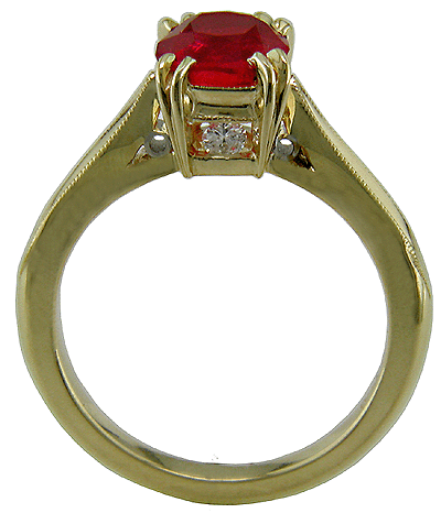 Side view of 18kt gold ring with a red spinel and two diamonds.