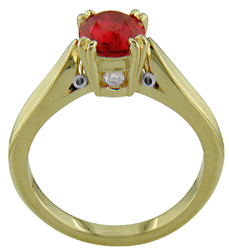 Side view of 18kt gold engagement ring with a red spinel and two diamonds. (J5319)
