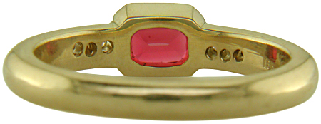 Inside view of emerald-cut Red Spinel set with round brilliant-cut diamonds in a handcrafted ring. (J6776)