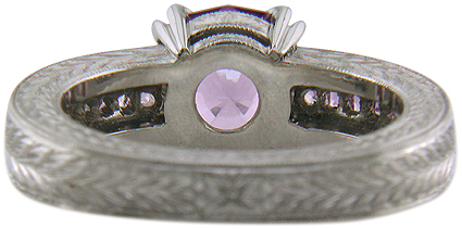 Inside view of lavender spinel set with sparkling lilac sapphires in a beautifully hand-engraved platinum ring.
