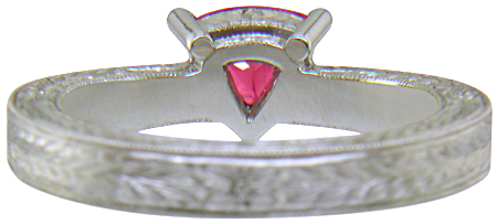 Inside view of hand engraved platinum ring with a trillium red spinel.