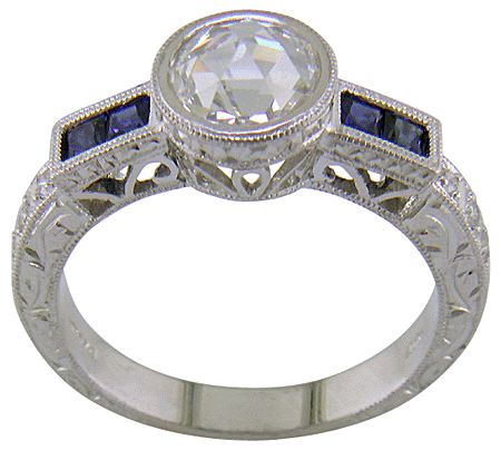 Side view of Rose-cut diamond and Sapphire platinum ring. (J8749)