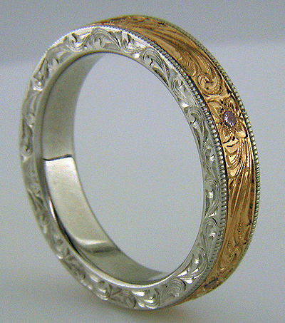 Side view of hand-engraved rose gold and platinum band.