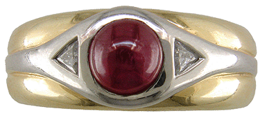 Top view of ruby and diamond ring in platinum and gold.