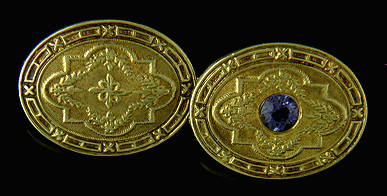 Strobell & Crane sapphire and gold cufflinks. (J8741)