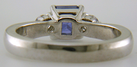 Inside view of handcrafted platinum ring with Barion-cut sapphire.