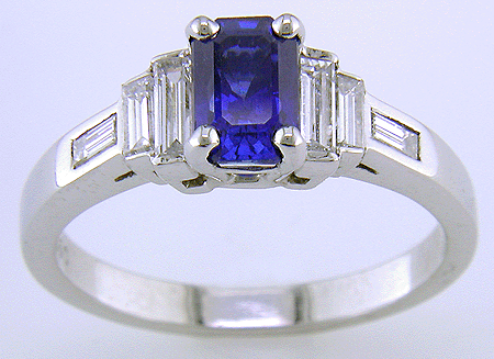 Emerald cut Sapphire and diamond platinum ring in an Art Deco style. (J3867)