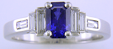 Emerald cut Sapphire and diamond platinum ring in an Art Deco style. (J3867)