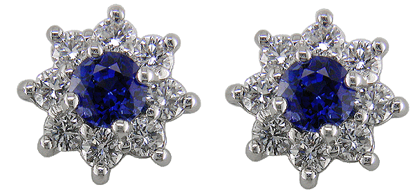 Sapphire and diamond cluster earrings crafted in platinum.