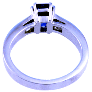 Underside of platinum ring with sapphire and diamonds