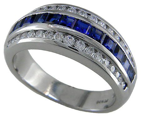 Side view of sapphire and diamond platinum band.