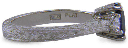 Inside view of platinum hand-engraved ring with Bijoux Extraordinaire hallmark ('BEL'). (J8423)
