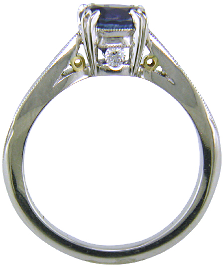 Side view of sapphire ring with two hidden diamonds and 18kt gold accents. (J5348)