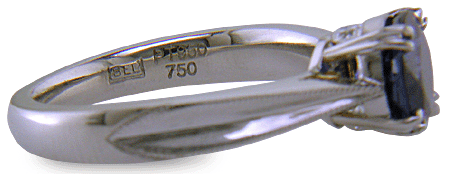 Inside view of platinum Sapphire ring with Bijoux Extraordinaire hallmark ('BEL'). (J8751)