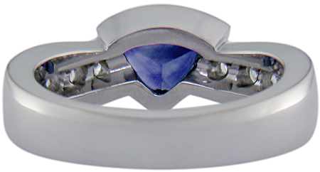 Inside view trillium sapphire and diamond custom platinum ring. (J6413)
