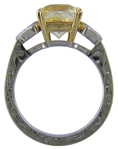 Side view of Yellow Sapphire and Diamond hand-engraved platinum ring.