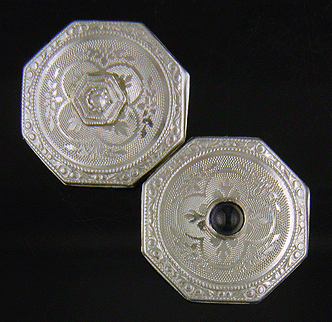 Elegantly engraved sapphire and diamond cufflinks. (J8736)
